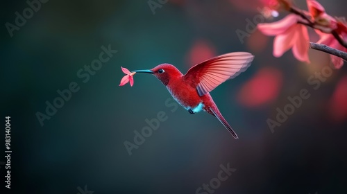  Hummingbird hovering in mid-air, pink flower in foreground, branch of pink blossoms behind