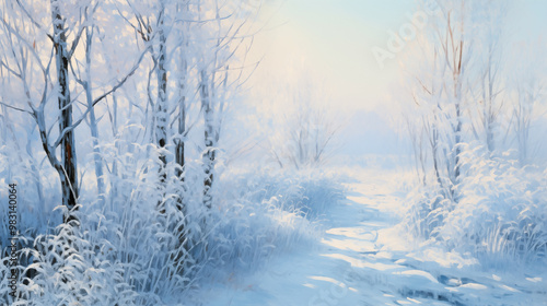 A serene winter landscape featuring soft snow, bare trees, and a winding path in tranquil light