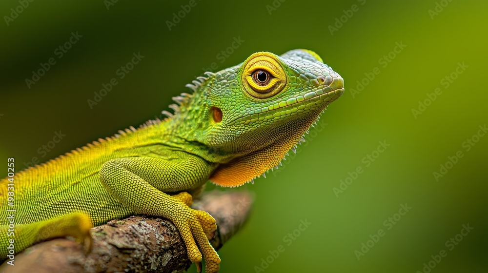 A tight shot of a green-yellow lizard perched on a tree branch, background softly blurred A tight shot of a green-yellow lizard perched on a tree branch, background softly blurred
