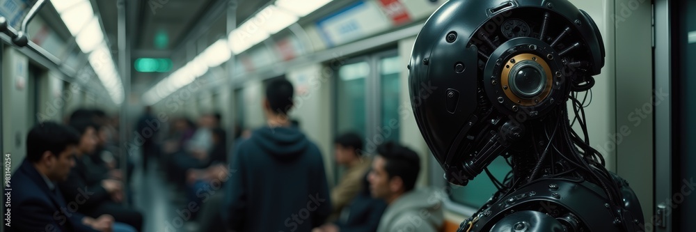 A futuristic robot in a subway train, surrounded by commuters. The scene captures the blend of technology and everyday life, hinting at advancements in AI and urban transport. A futuristic robot in a subway train, surrounded by commuters. The scene captures the blend of technology and everyday life, hinting at advancements in AI and urban transport.
