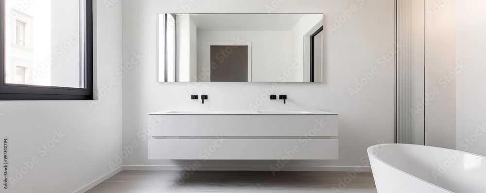Minimalist bathroom with floating vanity, large frameless mirrors, minimalist bathroom, modern sleek design Minimalist bathroom with floating vanity, large frameless mirrors, minimalist bathroom, modern sleek design