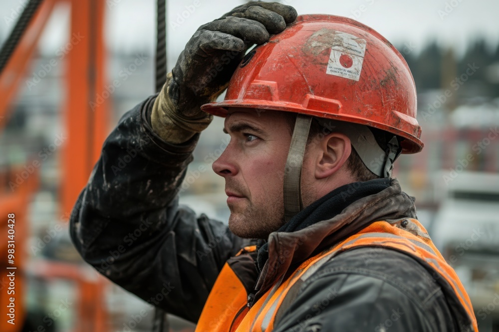 Fototapeta premium Construction worker adjusting hard hat at site