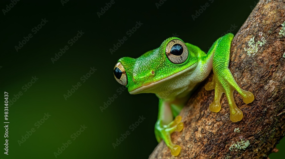 A frog up-close on a tree branch against a dark green background, blurred backdrop