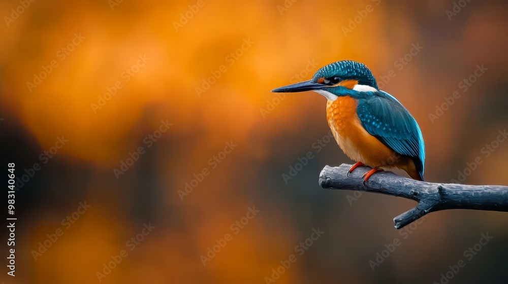 A small blue-orange bird atop a tree branch against an orange-yellow backdrop A small blue-orange bird atop a tree branch against an orange-yellow backdrop
