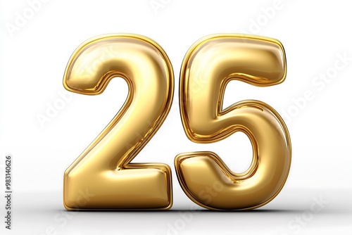 Glossy Golden Number "25" Isolated on Clean White Background