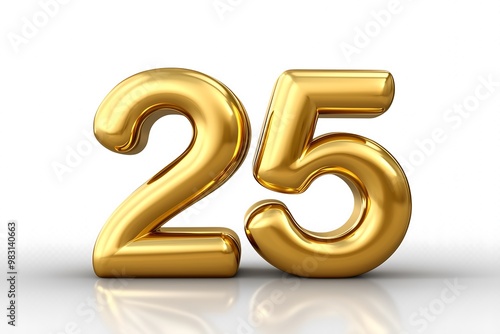 Glossy Golden Number "25" Isolated on Clean White Background