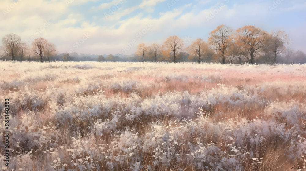 Peaceful winter landscape displaying frosted fields and bare trees under a serene blue sky Peaceful winter landscape displaying frosted fields and bare trees under a serene blue sky