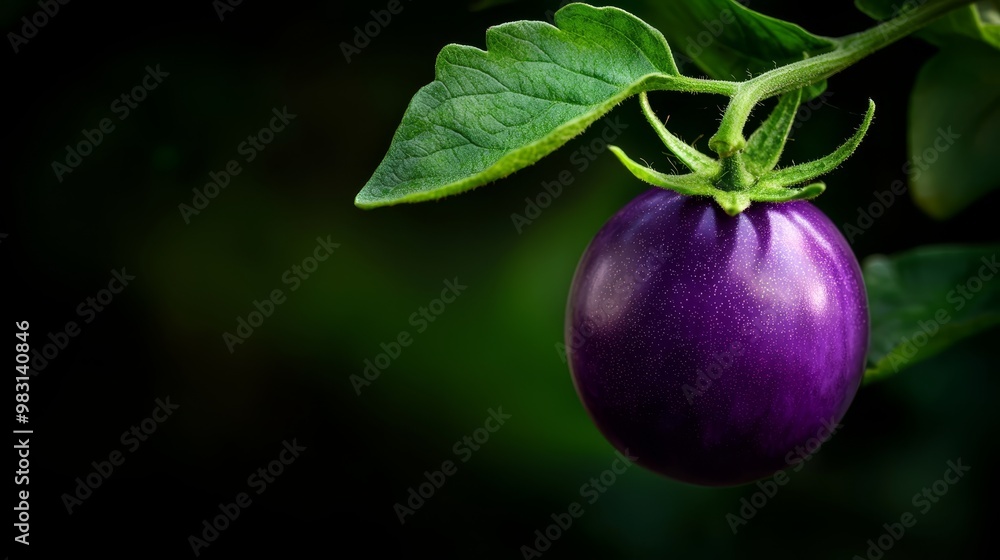 Fototapeta premium A detailed shot of a purple eggplant, its verdant green leaf crowning the top