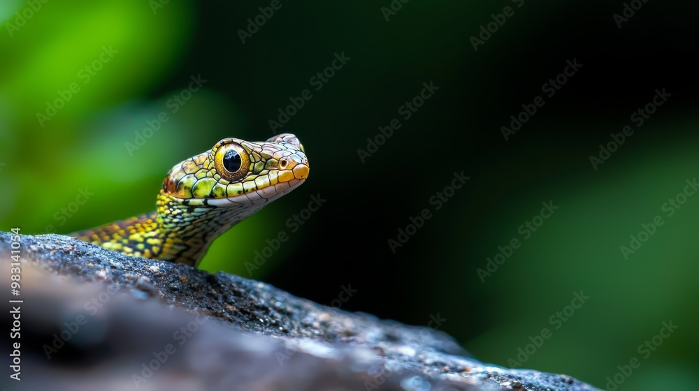 A tight shot of a lizard perched on a rock, surrounded by out-of-focus green foliage A tight shot of a lizard perched on a rock, surrounded by out-of-focus green foliage