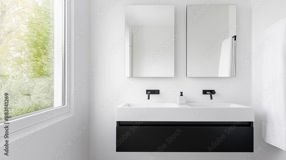 Obraz premium Minimalist bathroom with large mirrors and simple black fixtures, minimalist bathroom, modern sleek design