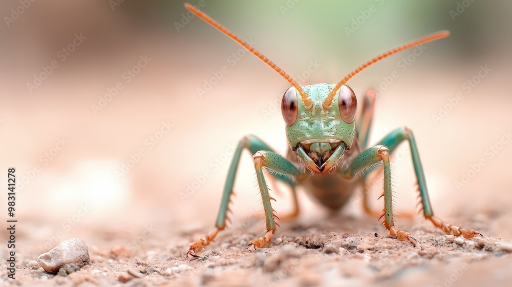 A tight shot of a grasshopper on the ground, its head tilted slightly to the side A tight shot of a grasshopper on the ground, its head tilted slightly to the side