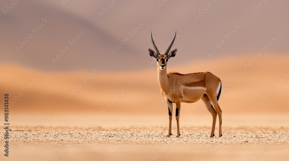 A gazelle stands in a desert's midst, mountain range backdrop, cloudless sky overhead A gazelle stands in a desert's midst, mountain range backdrop, cloudless sky overhead