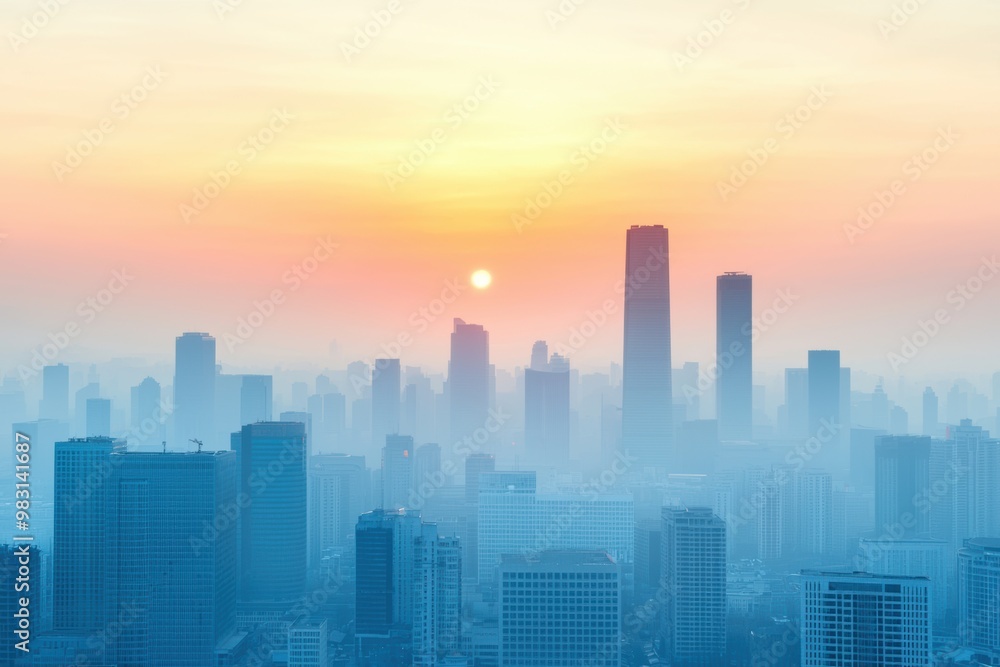 Fototapeta premium A city skyline at sunrise, shrouded in mist, showcasing tall buildings and a hazy atmosphere with soft pastel colors in the sky.