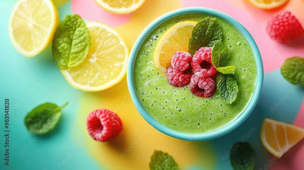 Vibrant Green Smoothie Bowl with Fresh Raspberries, Lemon Slices, and Mint Leaves Vibrant Green Smoothie Bowl with Fresh Raspberries, Lemon Slices, and Mint Leaves