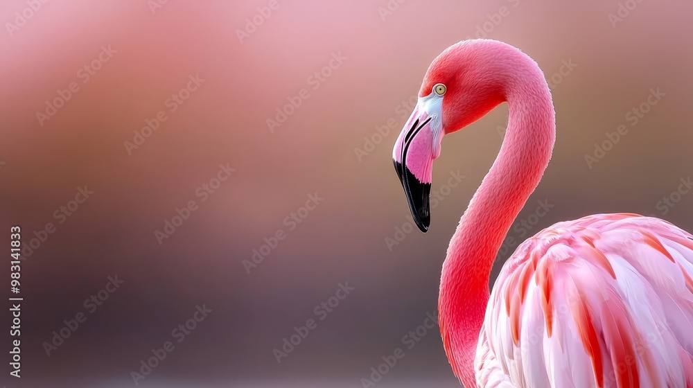 Fototapeta premium A pink flamingo in close-up, facing sideways over a body of water