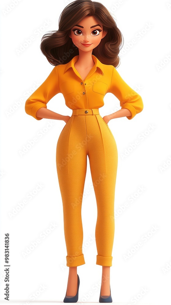 Elegant Cartoon Woman in Yellow Outfit with Hands on Hips, Confident Pose, 3D Animation Style