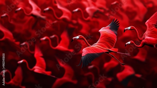  A painting of two flamingos in flight against a backdrop of red and black swirling patterns