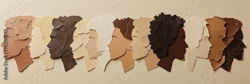 Horizontal paper cut-out artwork featuring multiracial female profiles in various shades. Represents diversity, unity, and female empowerment.