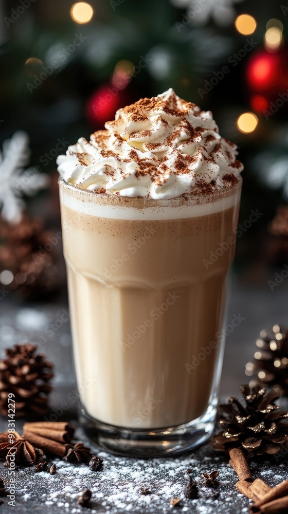 Festive Holiday Beverage with Whipped Cream and Cinnamon in a Glass - Winter Drink Photography