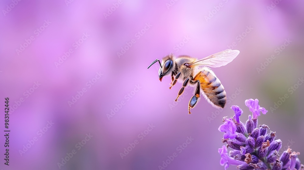 A bee up close on a purple flower, foreground and background softly blurred A bee up close on a purple flower, foreground and background softly blurred