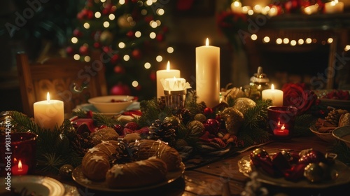 A beautifully decorated Christmas table with candles, pinecones, and holiday treats