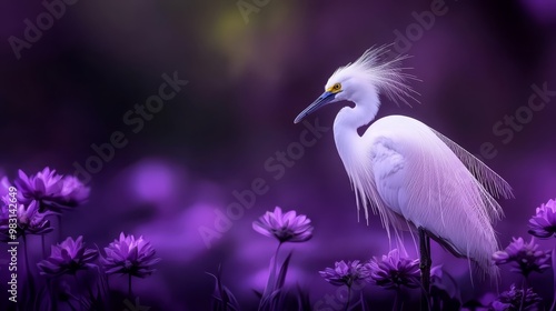  A large white bird atop a purple flower field, sporting a long, white feather in its crest photo