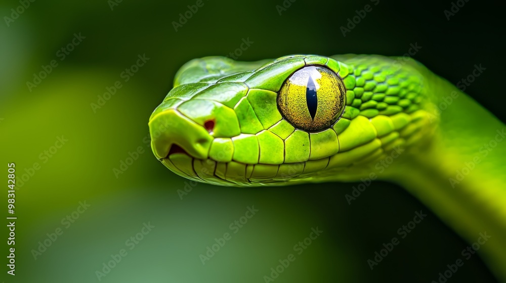Close-up of a green snake's head with a yellow eye against a black backdrop Close-up of a green snake's head with a yellow eye against a black backdrop