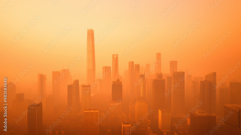 A hazy skyline at dusk, showcasing tall skyscrapers shrouded in orange light, creating a mysterious and atmospheric urban scene. A hazy skyline at dusk, showcasing tall skyscrapers shrouded in orange light, creating a mysterious and atmospheric urban scene.