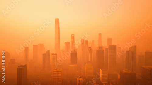 A hazy skyline at dusk, showcasing tall skyscrapers shrouded in orange light, creating a mysterious and atmospheric urban scene.