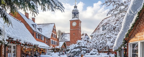A brick town hall in a festive market town, its clock tower visible above the snowy rooftops, chiming the hours for holiday shoppers and merry-makers