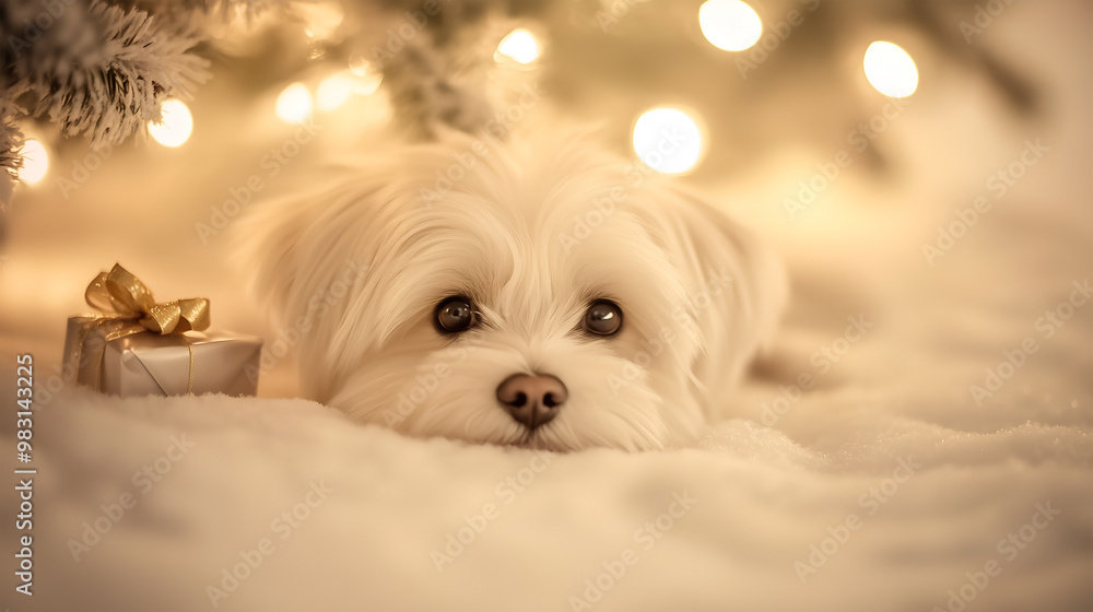 Coton De Tulear relaxing by the Christmas tree with decorations and presents nearby