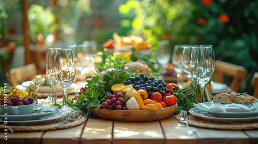 Festive Outdoor Dining Table with Fresh Fruits, Wine Glasses, and Elegant Table Setting in Garden Festive Outdoor Dining Table with Fresh Fruits, Wine Glasses, and Elegant Table Setting in Garden
