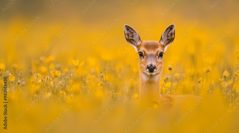 A deer gazes at the camera, startled, amidst a field of wildflowers A deer gazes at the camera, startled, amidst a field of wildflowers