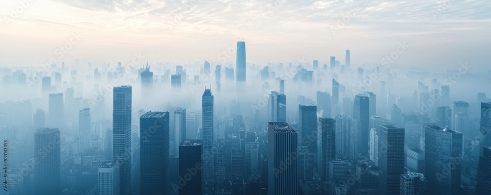 A city skyline shrouded in mist, with towering skyscrapers partially obscured, creating a mysterious and atmospheric scene. A city skyline shrouded in mist, with towering skyscrapers partially obscured, creating a mysterious and atmospheric scene.