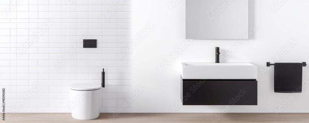Fototapeta premium Minimalist bathroom with white walls, black fixtures, and floating vanity, minimalist bathroom, sleek modern look