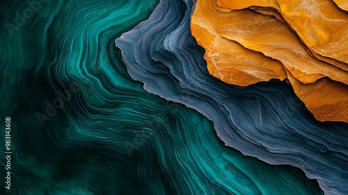  A tight shot of a rock formation, displaying blue, yellow, and green swirls at its core