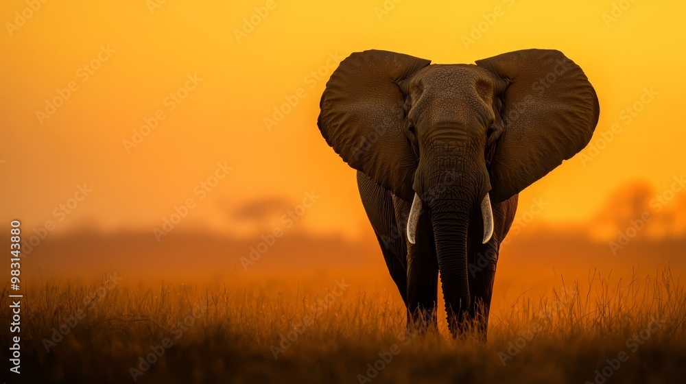 Obraz premium An elephant stands in a field as the sun sets, backdrop includes a few trees in the distance