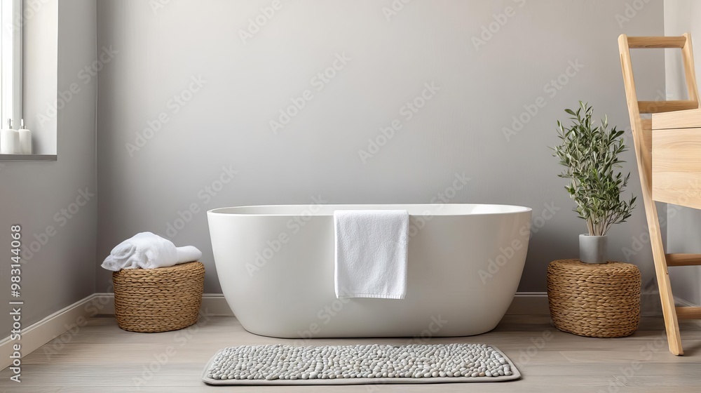 Neutral gray bathroom with a freestanding tub and pebble-stone flooring, minimalist bathroom, spa-inspired serenity Neutral gray bathroom with a freestanding tub and pebble-stone flooring, minimalist bathroom, spa-inspired serenity