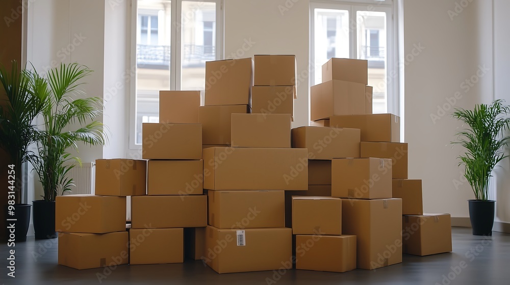 Stacked Cardboard Boxes in Minimal Room with Green Plants Stacked Cardboard Boxes in Minimal Room with Green Plants