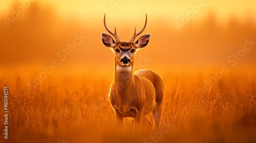  A deer up-close in a field of tall grass Sun shines through background trees