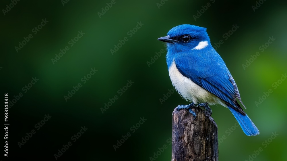 A blue-and-white bird atop a weathered wooden post against a backdrop of lush, green foliage A blue-and-white bird atop a weathered wooden post against a backdrop of lush, green foliage