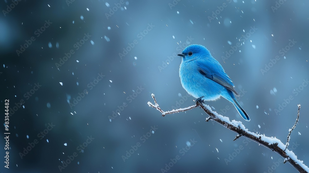 A blue bird perched on a tree branch amidst falling snow, against a backdrop of azure sky A blue bird perched on a tree branch amidst falling snow, against a backdrop of azure sky