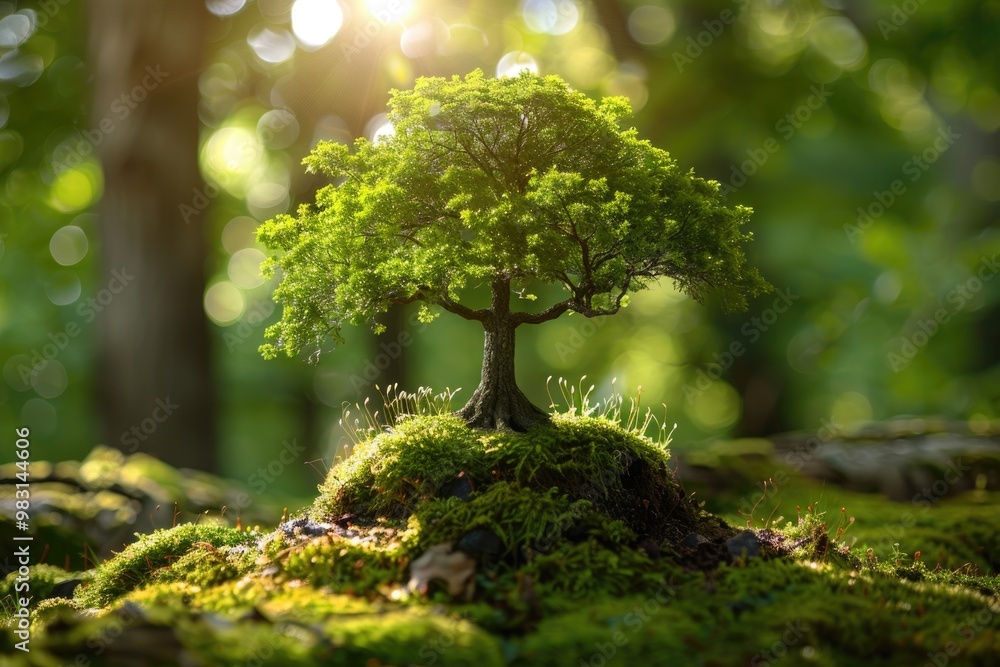 Sunlit Tiny Tree in Lush Forest, Covered with Moss and Greenery, Capturing Nature's Serenity and Tranquility