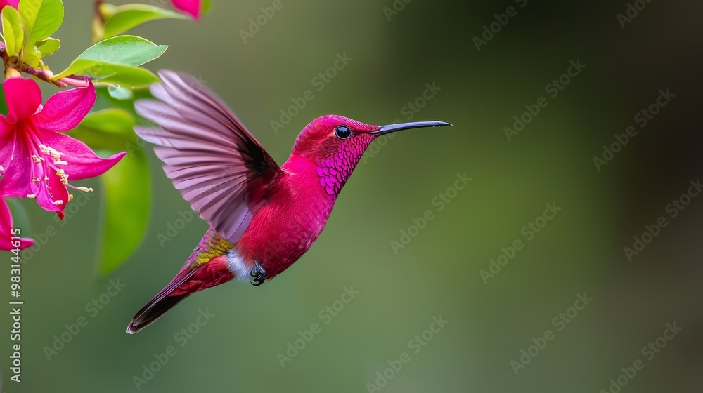 Fototapeta premium A hummingbird hovers by a pink flower with green leaves; another pink bloom appears in the foreground, background softly blurred