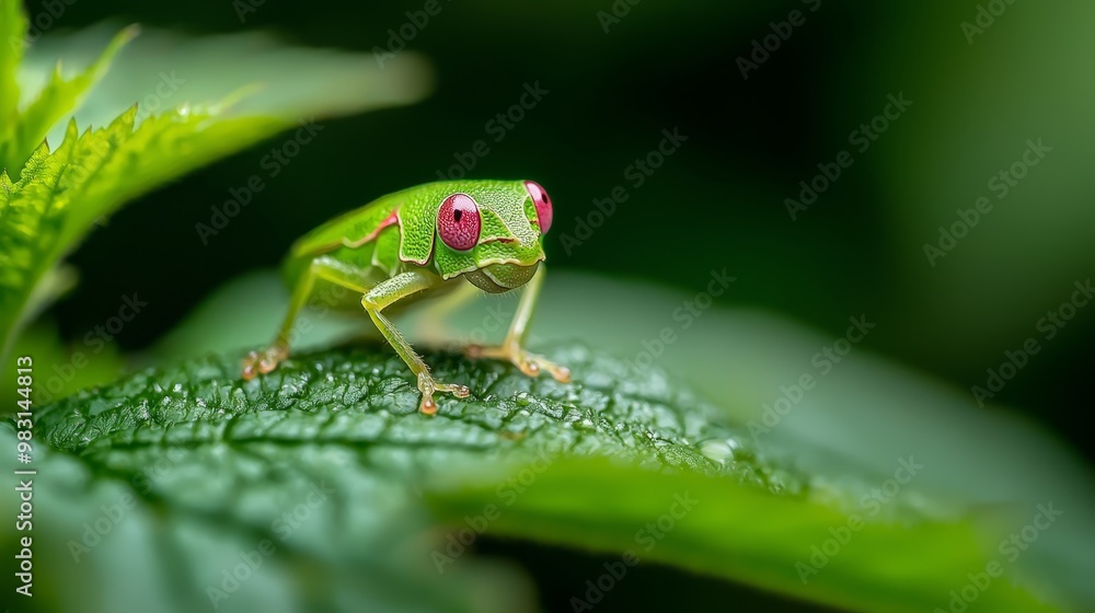 A tight shot of a green grasshopper perched on a leaf, featuring a distinct red marking on its face and eyes A tight shot of a green grasshopper perched on a leaf, featuring a distinct red marking on its face and eyes