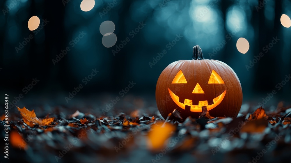 Naklejka premium A jack-o-lantern pumpkin sits in the midst of a leafy field with lights illuminating the background