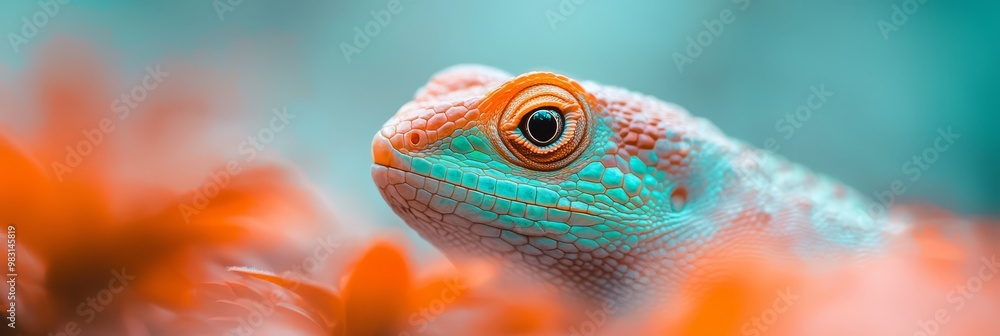 A tight shot of a lizard's face Orange flowers near, blue sky far A tight shot of a lizard's face Orange flowers near, blue sky far