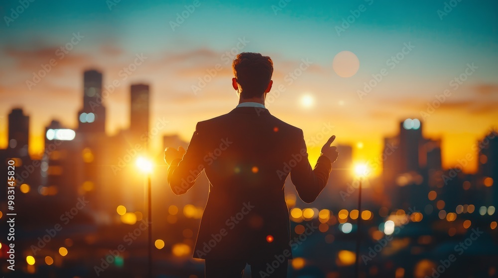 Businessman Silhouette at Sunset Over City Skyline Businessman Silhouette at Sunset Over City Skyline