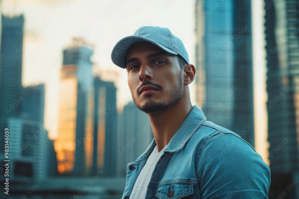 Confident Man in Cap with City Skyline Background Confident Man in Cap with City Skyline Background