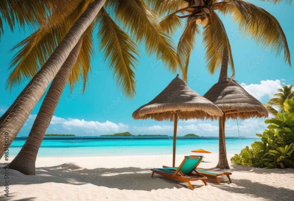 Fototapeta premium essential tropical beach gear ultimate relaxation comfort under sun, essentials, accessories, towel, umbrella, sunglasses, sunscreen, sandals, chair, cooler